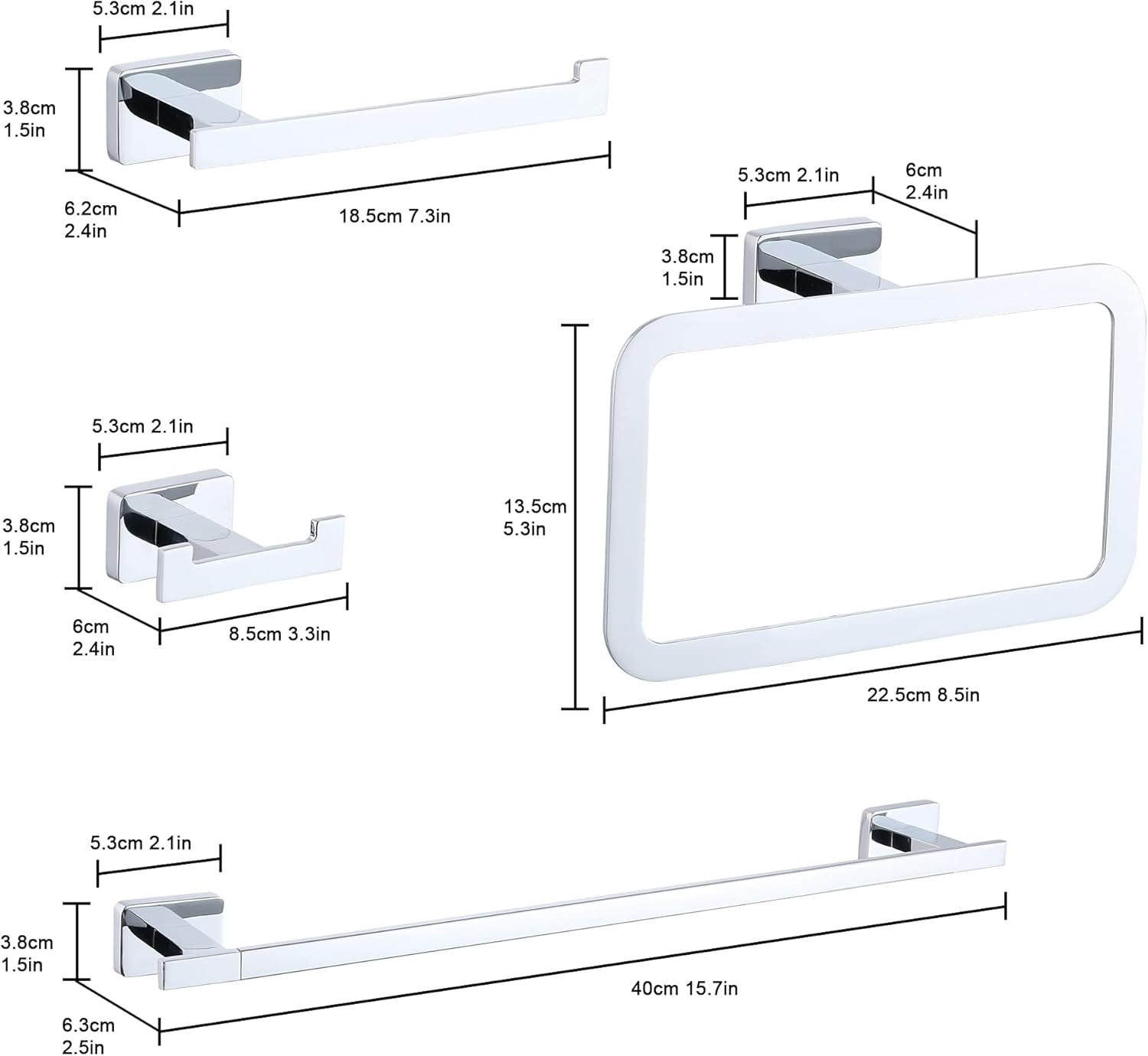 4 Piece Bathroom Hardware Accessories Set,Chrome Stainless Steel Towel Bar Sets Wall Mounted - Includes 16" Towel Bar, Square Towel Ring, Toilet Paper Holder, Robe Towel Hook