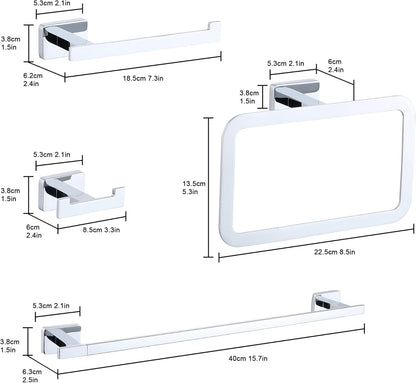 4 Piece Bathroom Hardware Accessories Set,Chrome Stainless Steel Towel Bar Sets Wall Mounted - Includes 16" Towel Bar, Square Towel Ring, Toilet Paper Holder, Robe Towel Hook