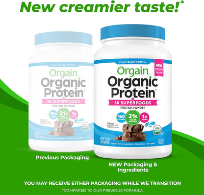 Organic Vegan Protein + 50 Superfoods Powder, Creamy Chocolate Fudge - 21G Plant Based Protein, 9G Prebiotic Fiber, No Lactose, Gluten Free, No Added Sugar, 2.02 Lb (Packaging May Vary)