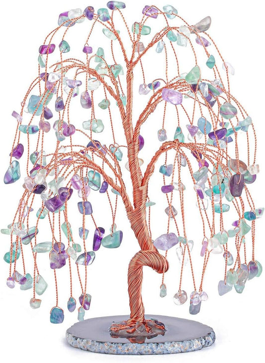 Natural Healing Crystals Fluorite Tree Tumbled Gemstone Stones Money Tree, Geode Agate Slices Base Feng Shui Ornaments Home Table Decoration for Wealth and Luck 5.5"-6.3"