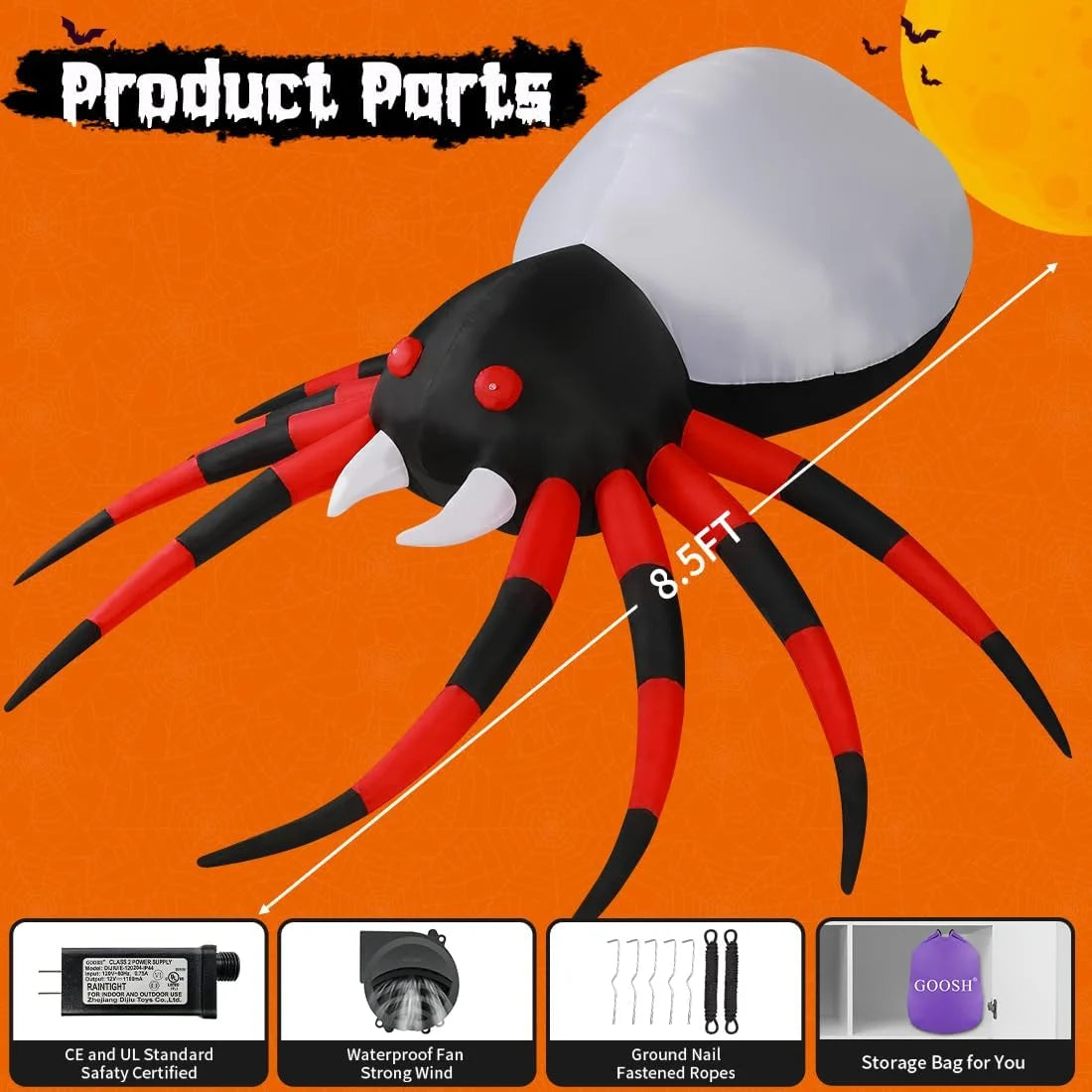 8.5 FT Halloween Spider Inflatable, Halloween Inflatable Giant Blow up Spider with Built-In Lights, Outdoor Inflatable Halloween Decorations Halloween Blowup for Holiday/Party/Yard