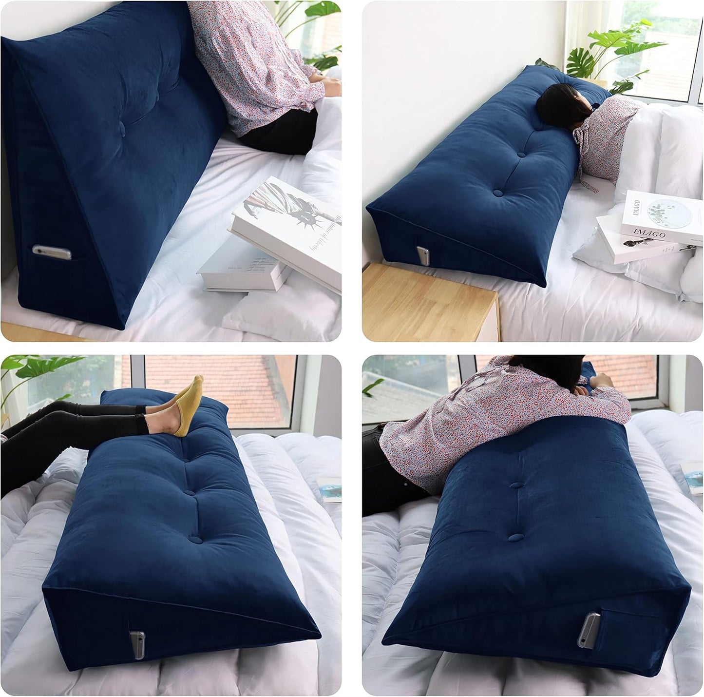 Large Headboard Pillow Wedge Bed Rest Reading Pillow Daybed Pillows Triangular Headboard Wedge Pillows Bolster Gap Filler Triangle Back Cushion Long Wedge Pillow, Velvet Deep Blue Twin