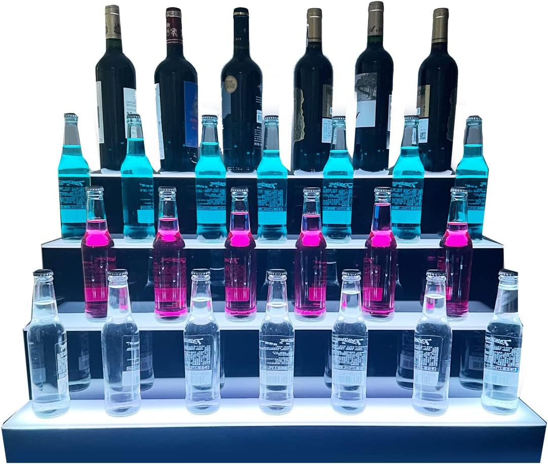 31 Inch 4 Step LED Lighted Liquor Bottle Display Illuminated Liquor Bottle Bar Display Stand LED Display Shelf 4 Tier Home Commercial Bar Drinks Lighting Shelves with Remote Control