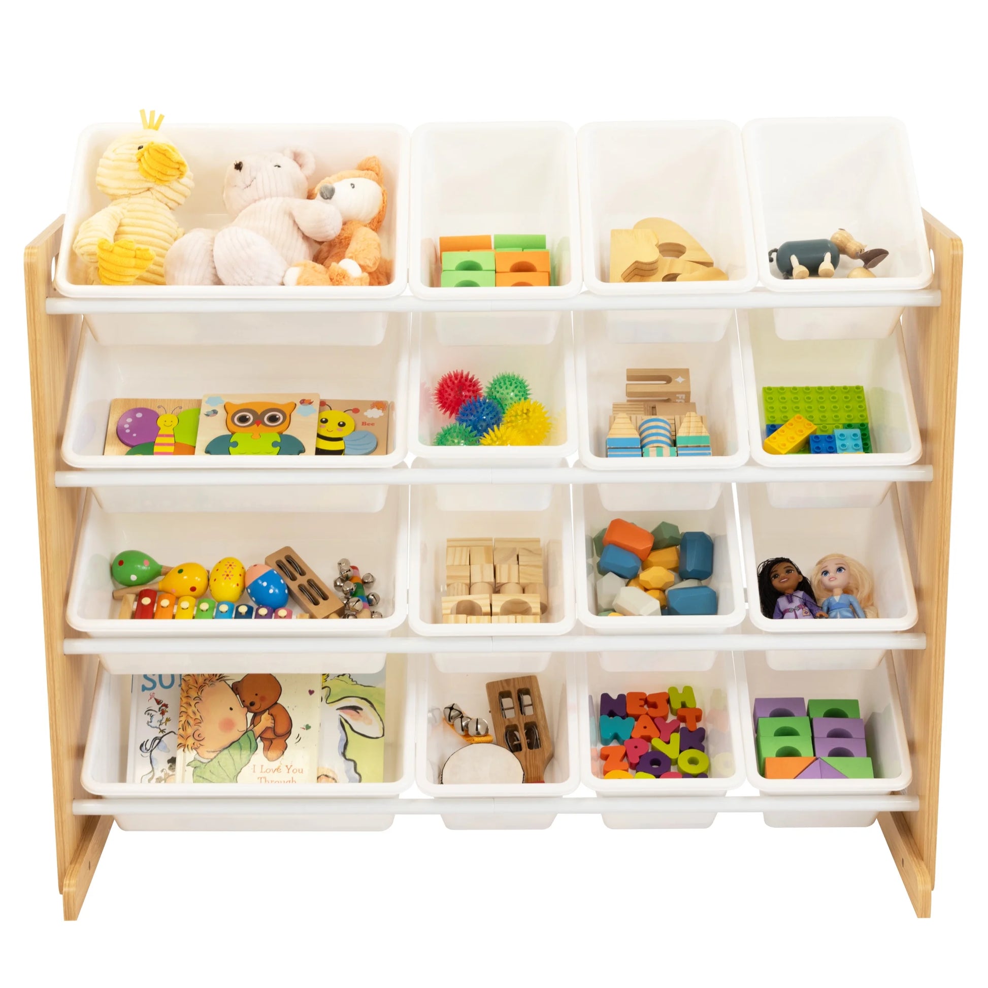 Journey Supersized Toy Storage Organizer with 16 Plastic Storage Bins, Natural/White