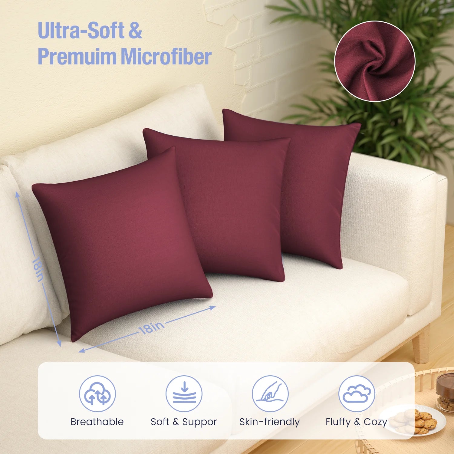 Square Soft Pillow Inserts, Set of 2 18" X 18" Square Pillow Inserts for Decorative Pillow Covers for Bed Couch Living Room & Bedroom, Holiday Decoration