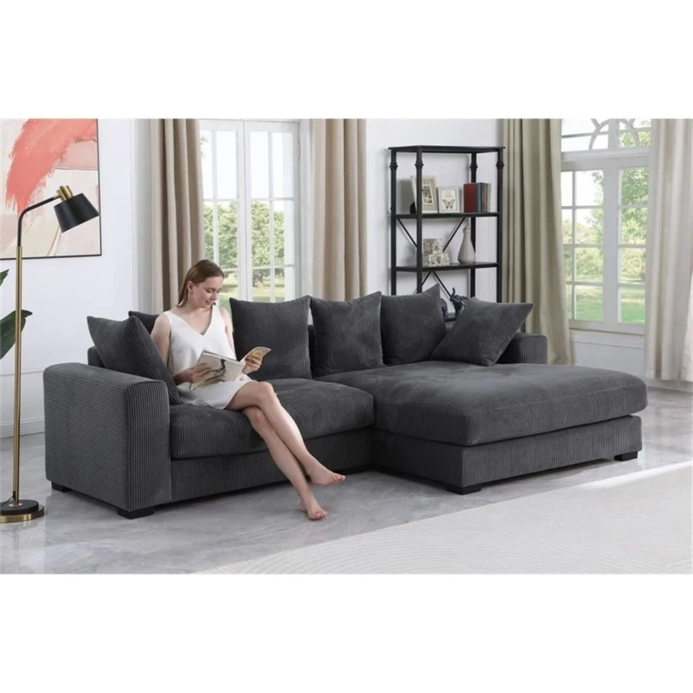 Solid Print L Shaped Sectional Sofa with Pillows, Dark Gray