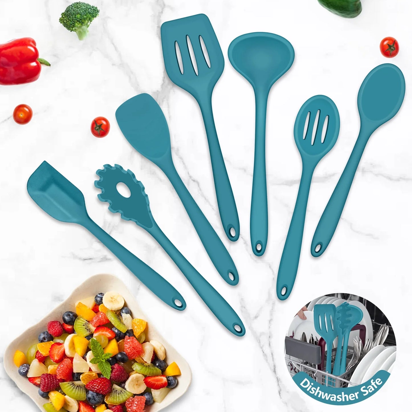 7-Piece Silicone Cooking Utensils Set, Blue Kitchen Utensils, Non-Stick Gadgets Tools Include Slotted Turner, Soup Ladle, Pasta Server