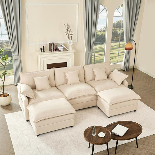 【2 Packages Shipping】Gosuhi 108" U-Shaped Modular Sectional Sofa - Comfy Cloud 3-Seater with Movable Ottoman, Deep Seat Linen Couch for Living Room, Beige Color ,Comfort & Stylish Design
