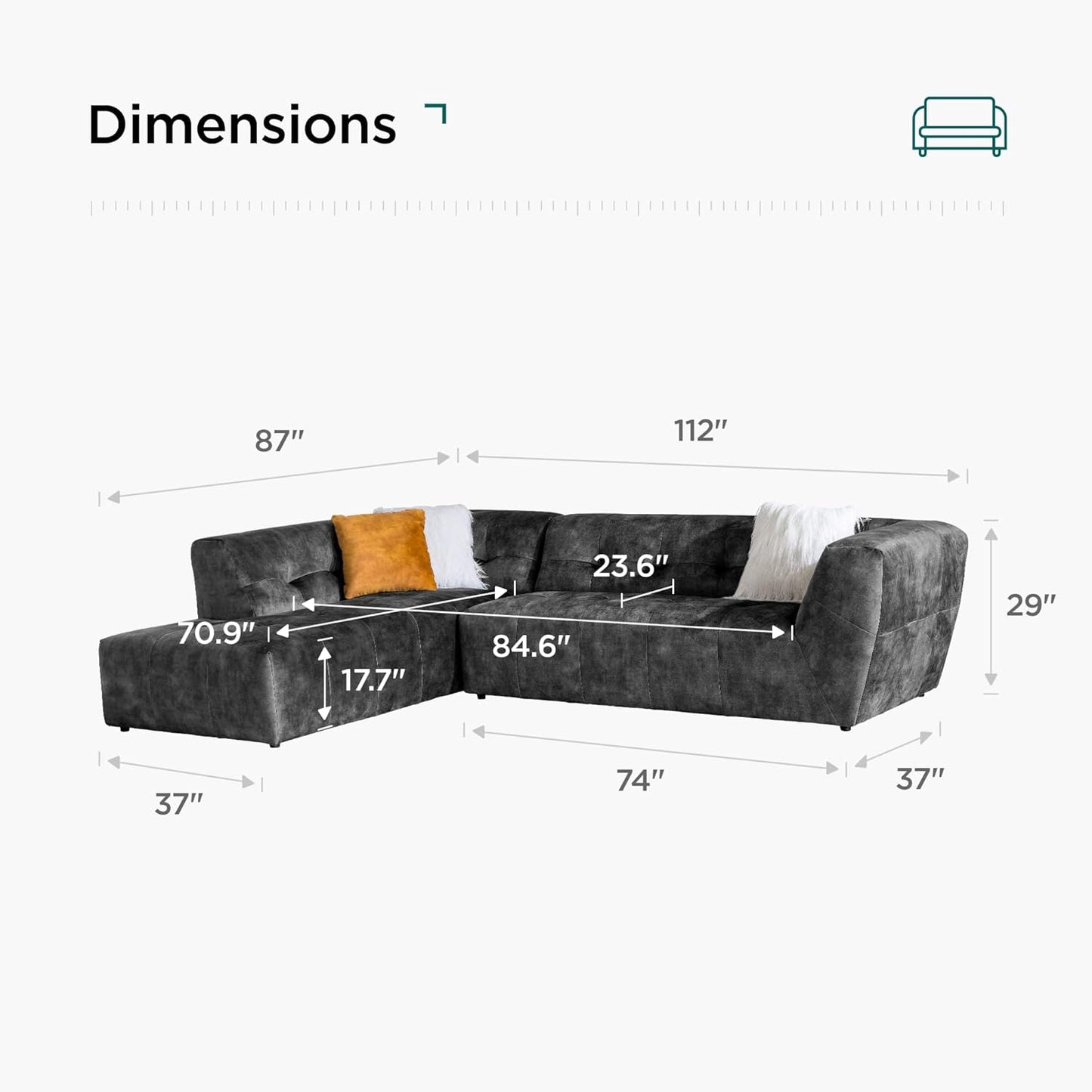 Luxury Velvet Tufted Low Back Sofa Set L-Shape 2-Piece Living Room Couch, 113"W Left Hand Facing Sectional, Grey