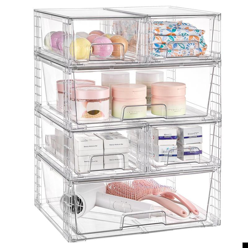 Transparent Stackable Drawer Organizer with Handles for Bathroom Kitchen Pantry under Sink Cabinet Closet Makeup Multifunctional Storage Solution 5-10Kg Capacity, 3-Tier Metal Rolling Cart with Wheels Pink