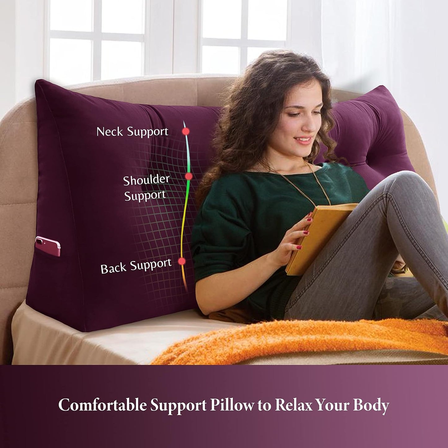 Large Headboard Pillow Wedge Bed Rest Reading Pillow Daybed Pillows Triangular Headboard Wedge Pillows Bolster Gap Filler Triangle Back Cushion Long Wedge Pillow Velvet Red Wine Queen