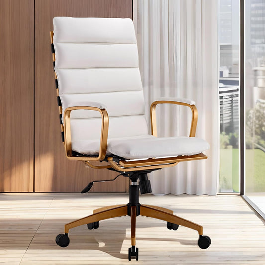 Ergonomic High Back Leather Office Chair with 330LBS Capacity, 360° Swivel, Adjustable Height, and 5-Wheel Casters - Modern Gold Frame Desk Chair for Home and Office (Gd-White)