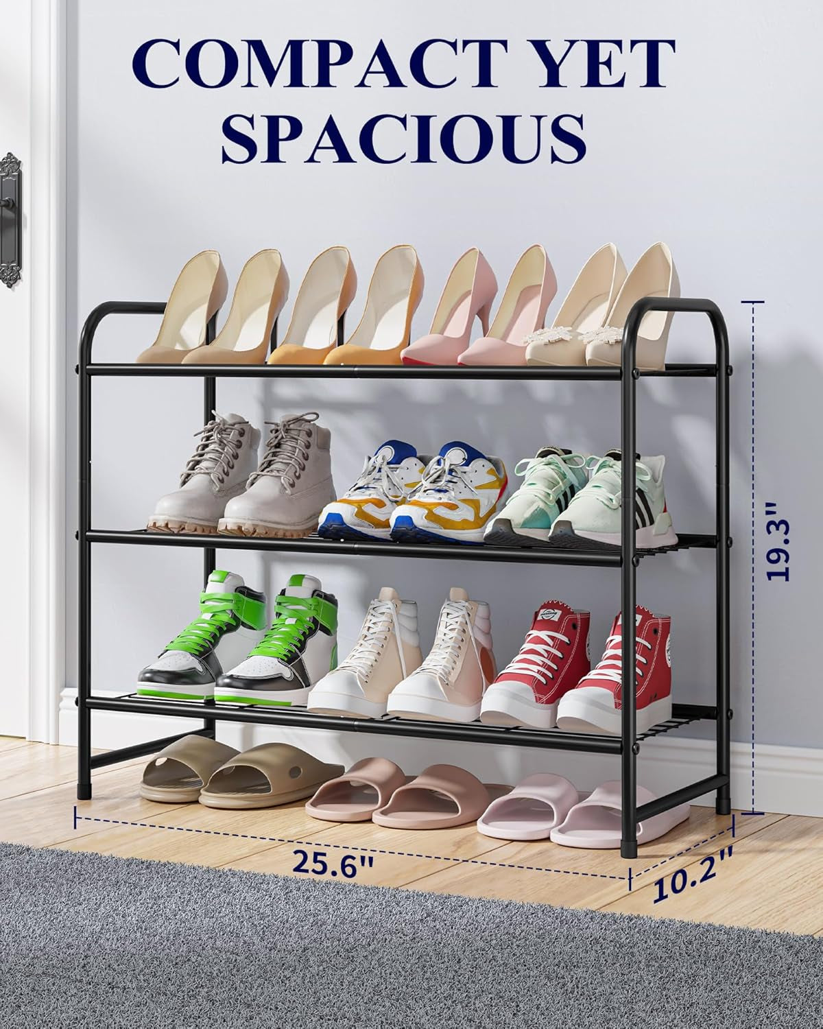 Shoe Rack - Stainless Steel Shoe Organizer, Sturdy Shoe Rack for Closet and Front Door Entrance, Free Standing Shoe Shelf, Closet Organizers and Storage, 25.6" Wide - 3 Tier, Black