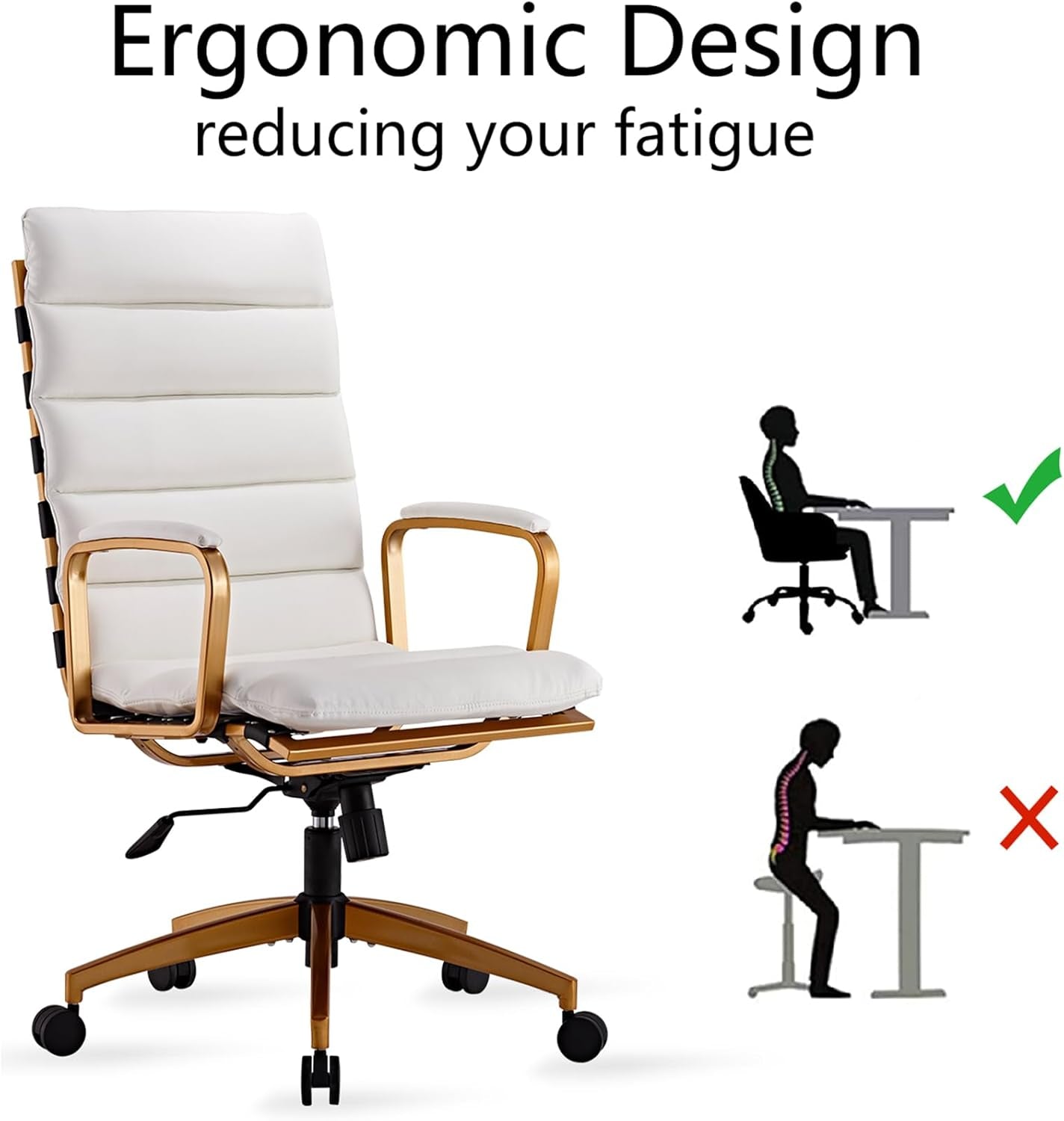 Ergonomic High Back Leather Office Chair with 330LBS Capacity, 360° Swivel, Adjustable Height, and 5-Wheel Casters - Modern Gold Frame Desk Chair for Home and Office (Gd-White)