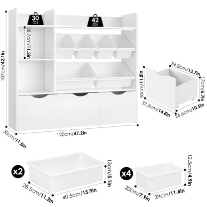Kids Bookcase with 6 Storage Bins, Multi-Purpose Toy Organizers Bookshelf with 3 Drawers for Bedroom Nursery Playroom, White
