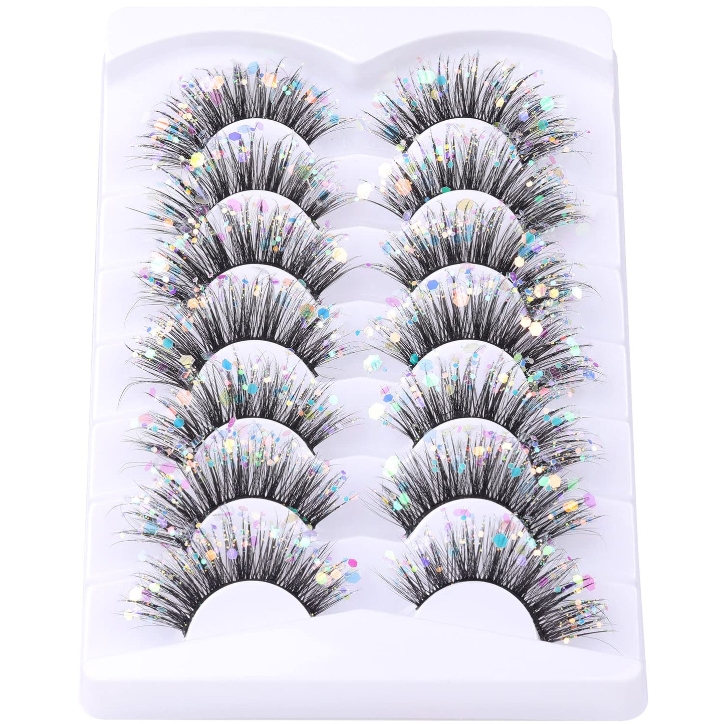 Glitter Lashes Dramatic Faux Eyelashes with Shinny Glitter Decorative Colored Lashes Glow in the Dark Faux Mink Eyelahses Cat Eye Strip Lashes Pack 7 Pairs
