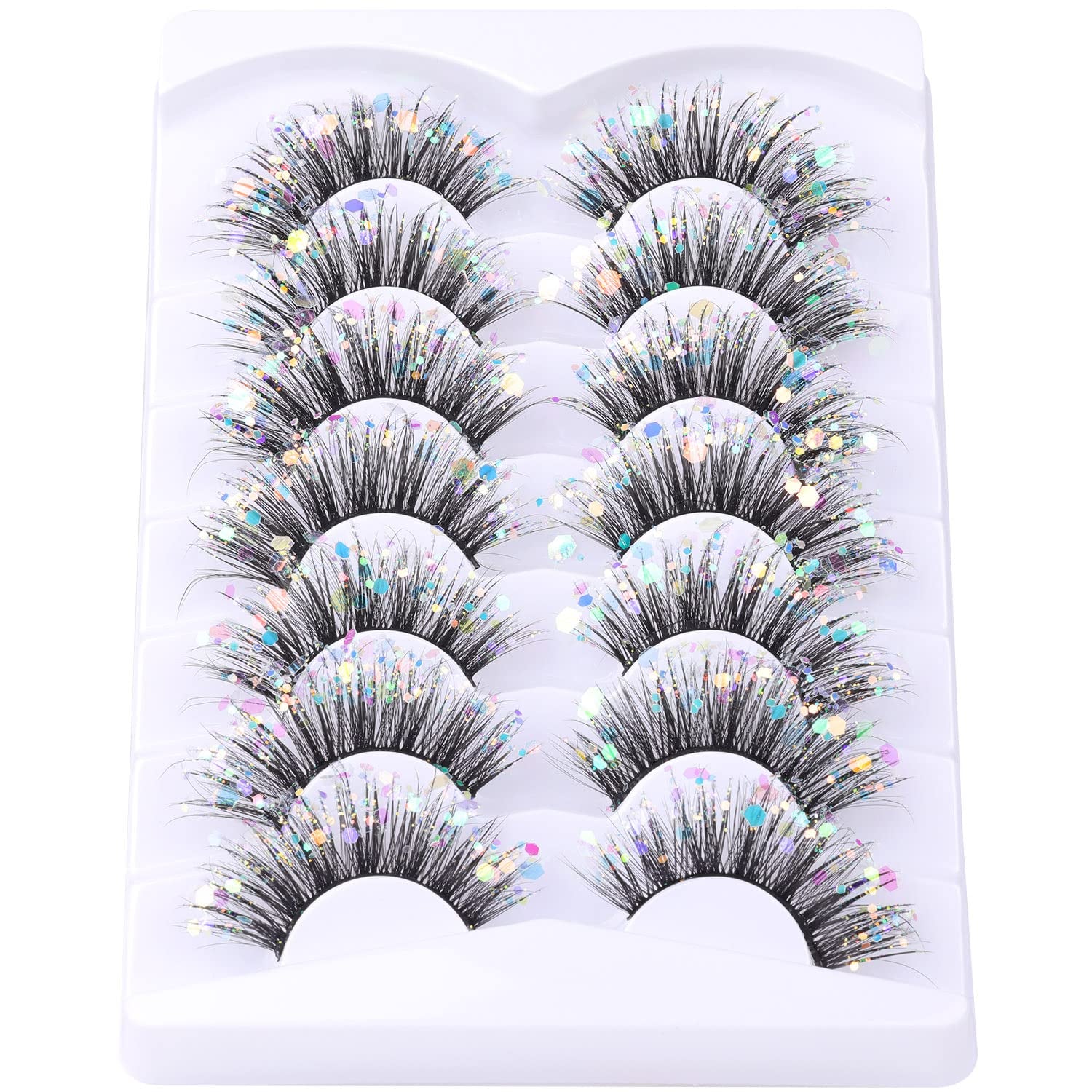 Glitter Lashes Dramatic Faux Eyelashes with Shinny Glitter Decorative Colored Lashes Glow in the Dark Faux Mink Eyelahses Cat Eye Strip Lashes Pack 7 Pairs