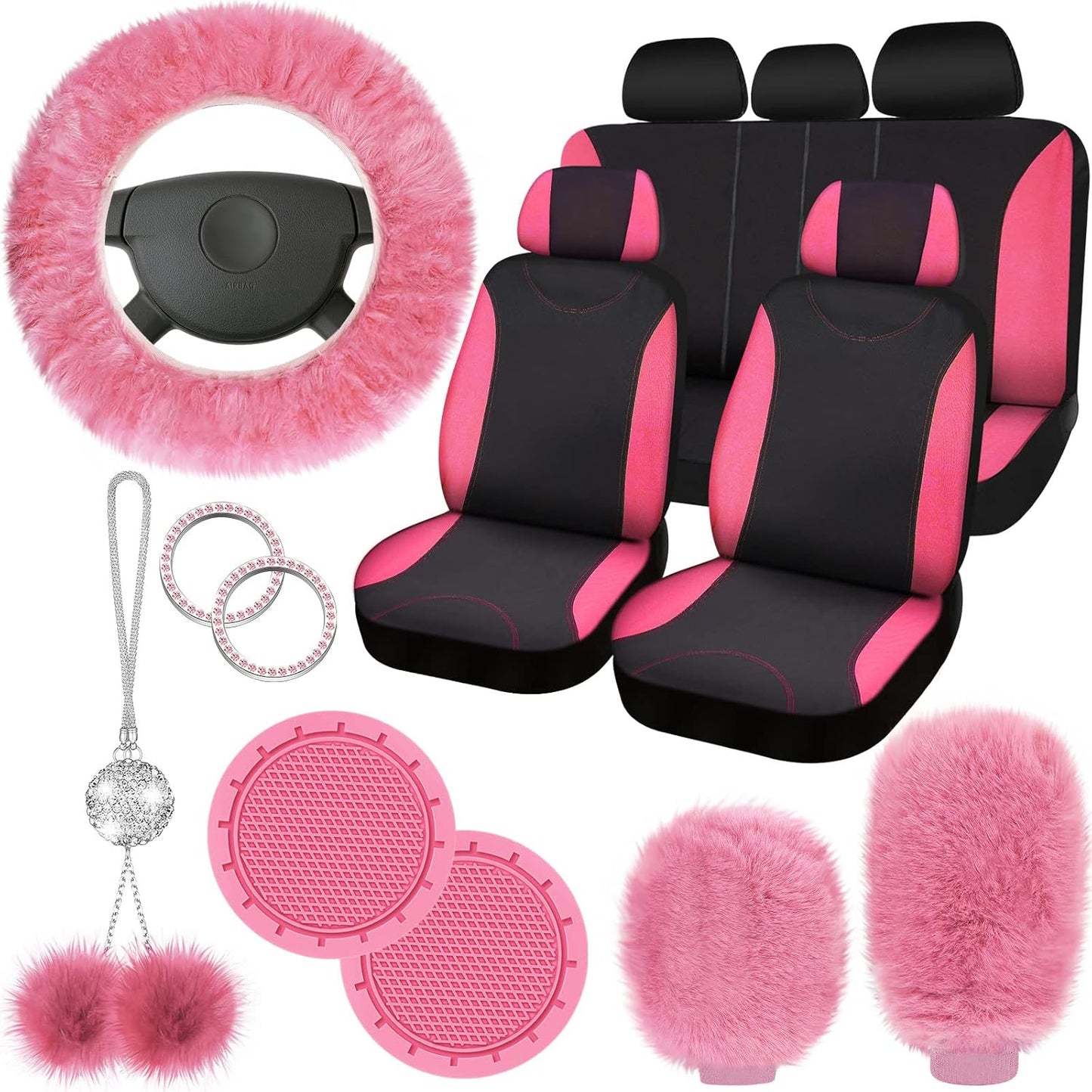 17 Pcs Car Seat Cover Full Set for Women Universal Fit Car Front Rear Fluffy Steering Wheel Fleece Handbrake Shift Covers Hanging Accessory Holder Ring Emblem(Pink Black)
