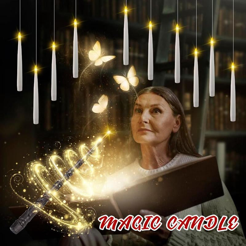 20 Pack Hanging Floating Flameless LED Candles with Wand Remote - Taper Candles with 6H Timer – 164Ft Fishing Line, Hooks – Magic Wand Candles for Halloween, Christmas, Party, Bedroom Decorations