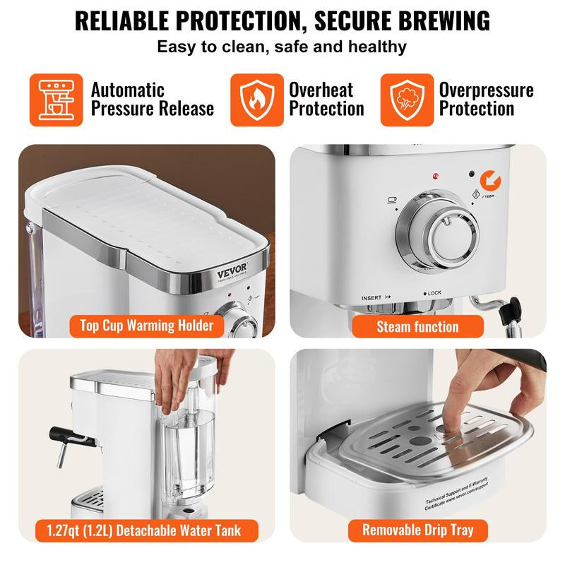 Espresso Coffee Machine, 15Bar Semi-Automatic Espresso Maker with Milk Frother Steam Wand, Professional Cappuccino Latte Machine with High-Power Boiler & Removable Water Tank, NTC Control System
