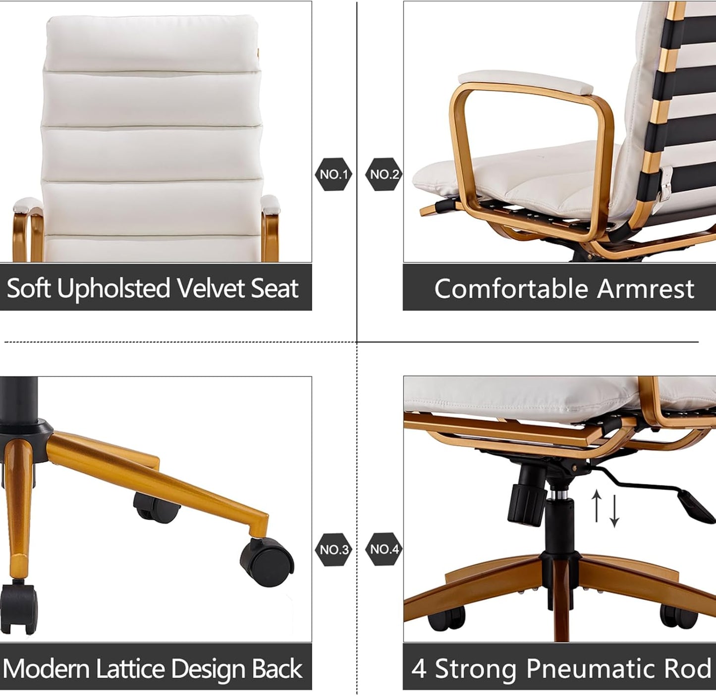 Ergonomic High Back Leather Office Chair with 330LBS Capacity, 360° Swivel, Adjustable Height, and 5-Wheel Casters - Modern Gold Frame Desk Chair for Home and Office (Gd-White)