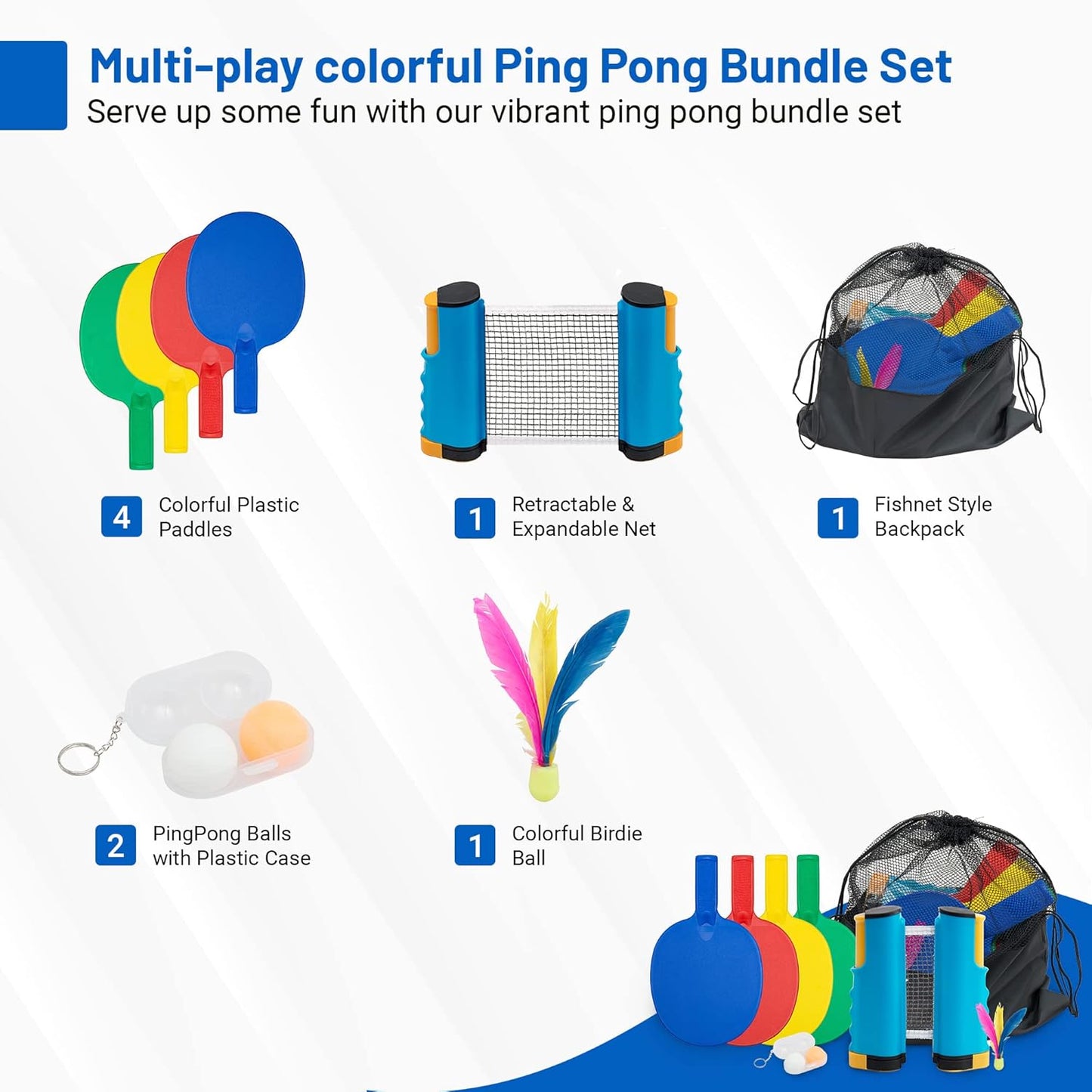 Plastic Portable Ping Pong Paddles Set of 4 Table Tennis Paddles with Retractable Ping Pong Net - 2 Ping Pong Balls with 1 Birdie. Perfect for Office, Lawn, and Beach Games for Adults and Families.