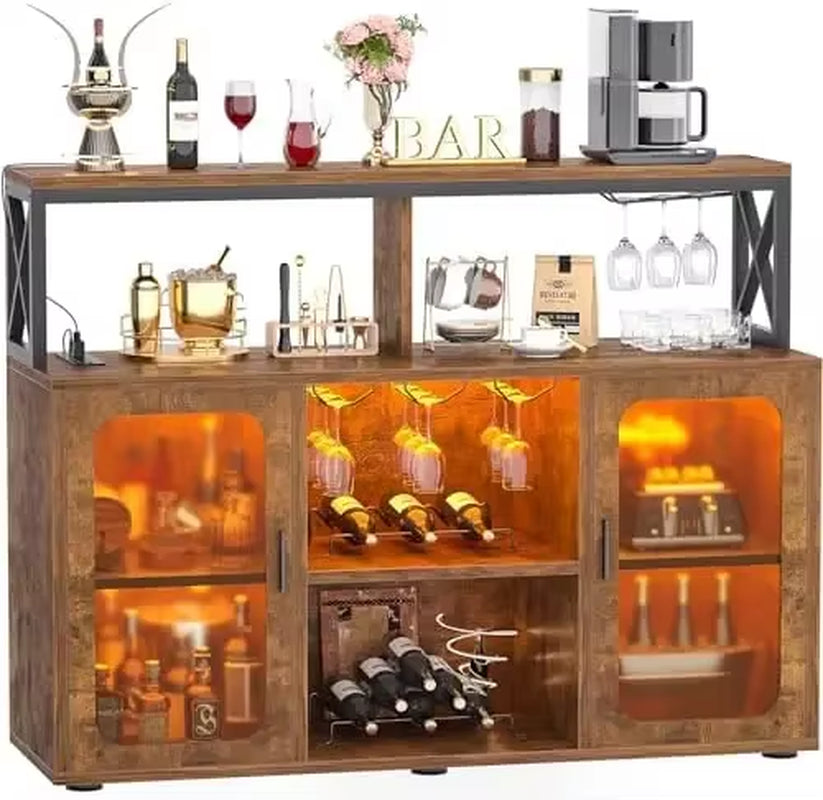 Bar Cabinet with Power Outlets, Liquor Cabinet with Led Lights and Glass Holder, Storage Buffet Cabinet Coffee Bar