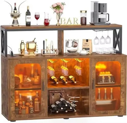 Bar Cabinet with Power Outlets, Liquor Cabinet with Led Lights and Glass Holder, Storage Buffet Cabinet Coffee Bar