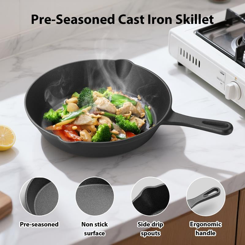 Cast Iron Skillets 3/4/5 PCS, Pots and Pans Set for Professional Restaurant Chef Quality, Pre-Seasoned Cookware Set - 4‘’,5.5“,6“, 8“, 10“ Fry Pans, Skillet Multi-Functional with Ergonomic Handles - for Frying, Saute, Cooking, Pizza