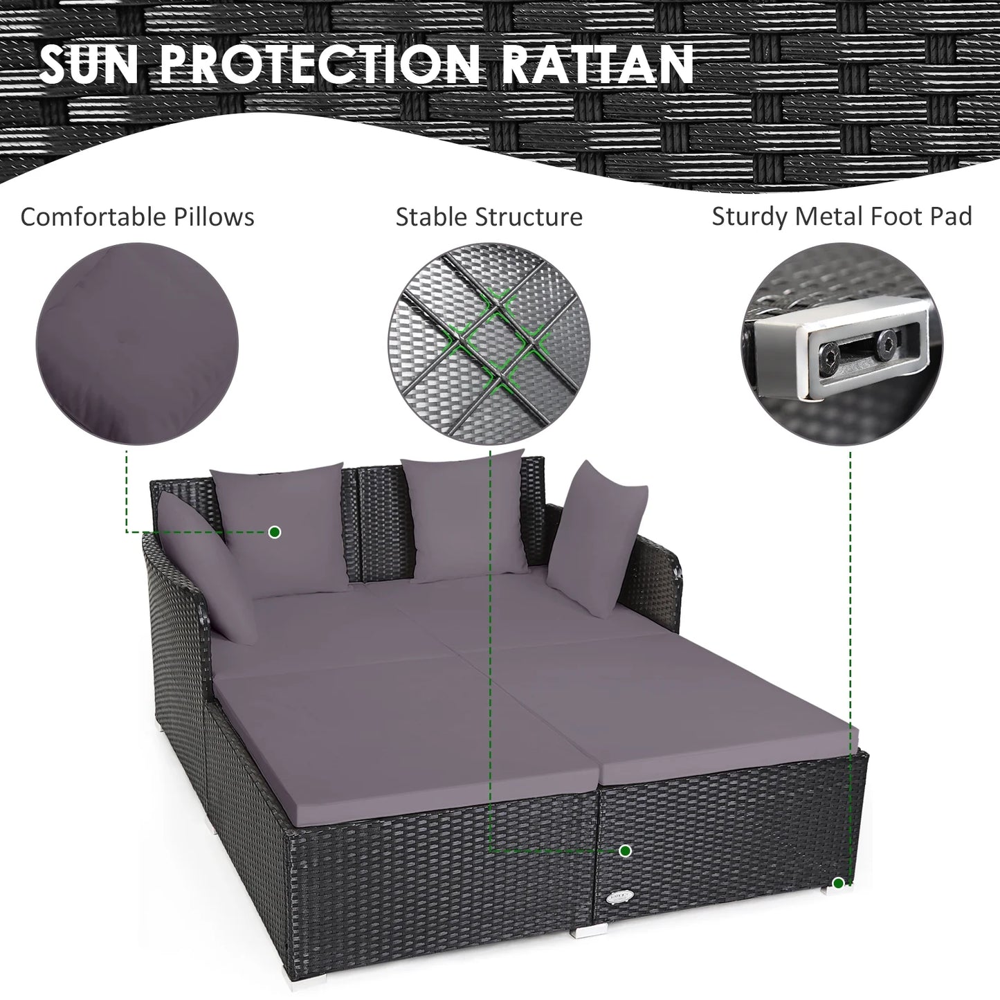 Patio Rattan Daybed with 4 Pillows Cushioned Sofa for Outdoor Grey