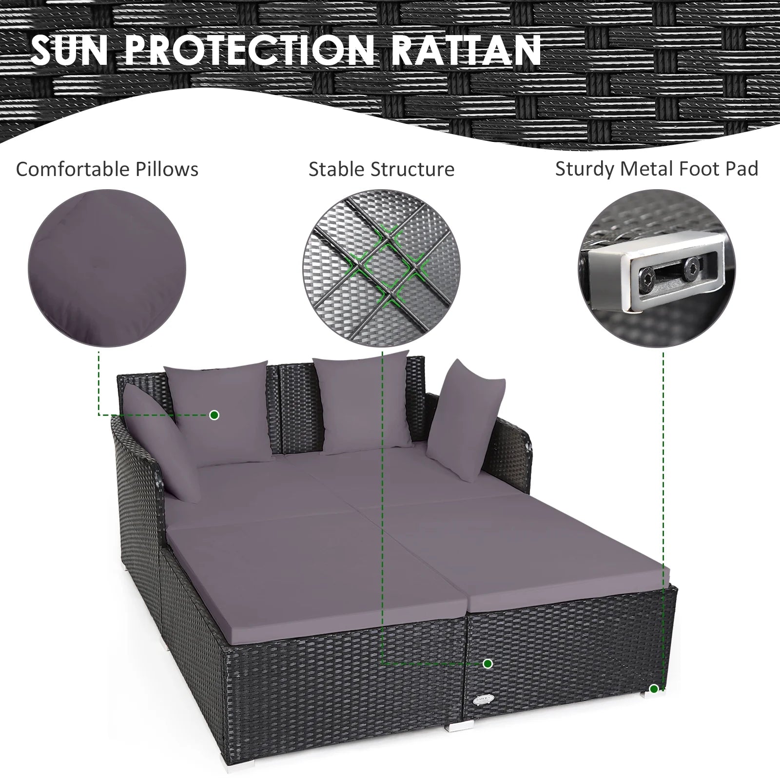Patio Rattan Daybed with 4 Pillows Cushioned Sofa for Outdoor Grey