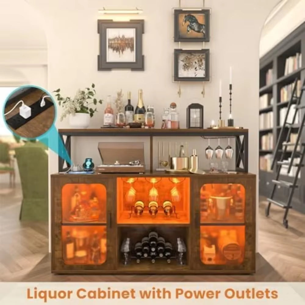Bar Cabinet with Power Outlets, Liquor Cabinet with Led Lights and Glass Holder, Storage Buffet Cabinet Coffee Bar