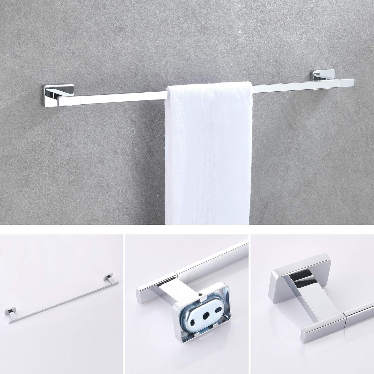 4 Piece Bathroom Hardware Accessories Set,Chrome Stainless Steel Towel Bar Sets Wall Mounted - Includes 16" Towel Bar, Square Towel Ring, Toilet Paper Holder, Robe Towel Hook