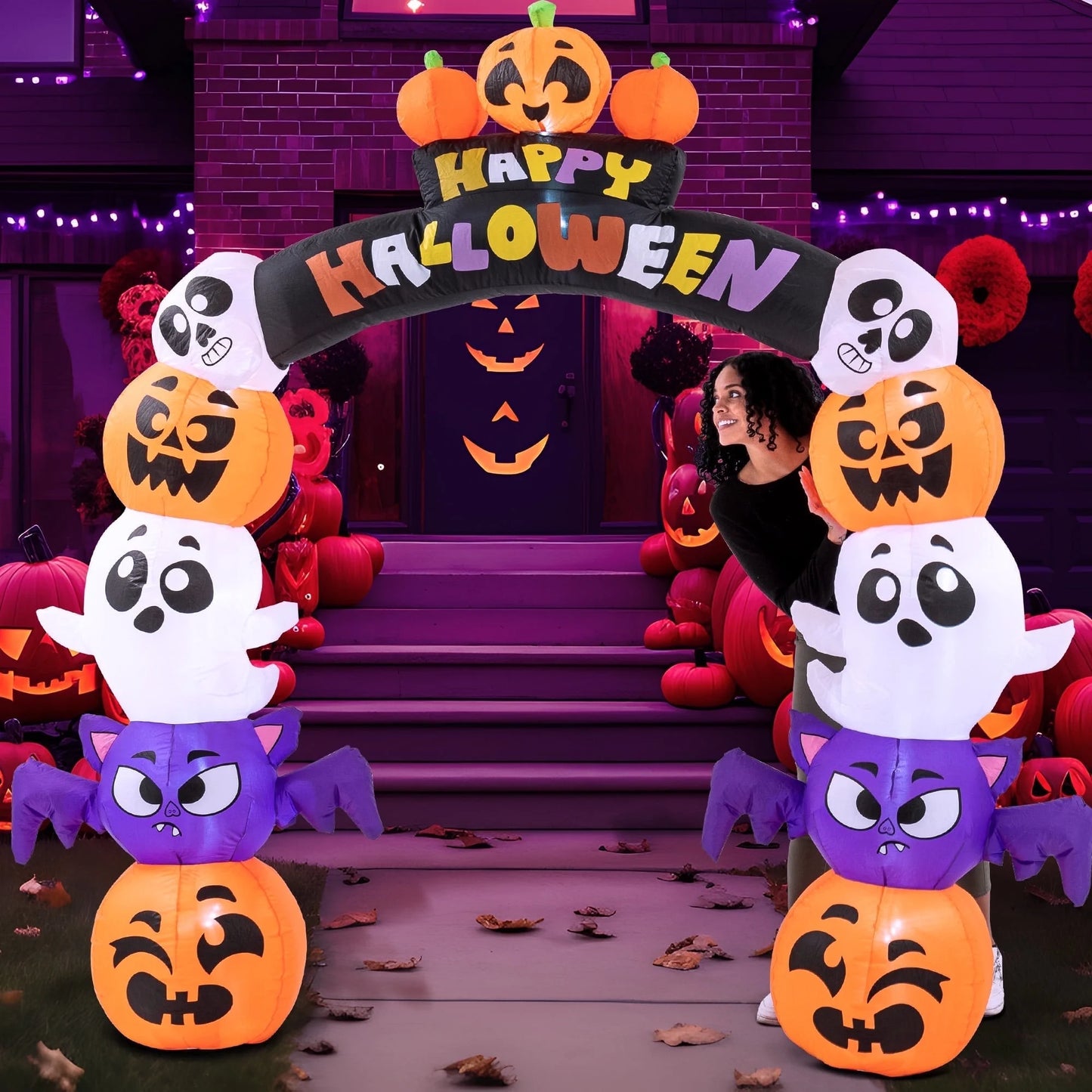 8 Ft Halloween Inflatable Archway Stacked Pumpkins Halloween Archway Bat Decorations Inflatable with Build-In Leds, Halloween Blow up Yard Decorations