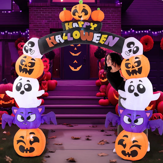 8 Ft Halloween Inflatable Archway Stacked Pumpkins Halloween Archway Bat Decorations Inflatable with Build-In Leds, Halloween Blow up Yard Decorations