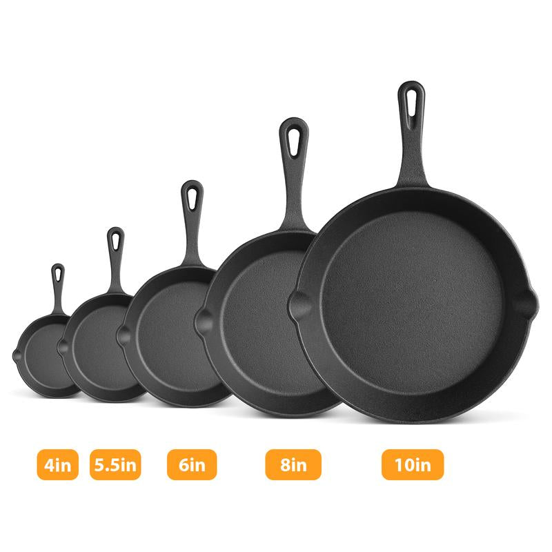 Cast Iron Skillets 3/4/5 PCS, Pots and Pans Set for Professional Restaurant Chef Quality, Pre-Seasoned Cookware Set - 4‘’,5.5“,6“, 8“, 10“ Fry Pans, Skillet Multi-Functional with Ergonomic Handles - for Frying, Saute, Cooking, Pizza