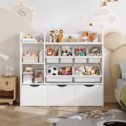 Kids Bookcase with 6 Storage Bins, Multi-Purpose Toy Organizers Bookshelf with 3 Drawers for Bedroom Nursery Playroom, White