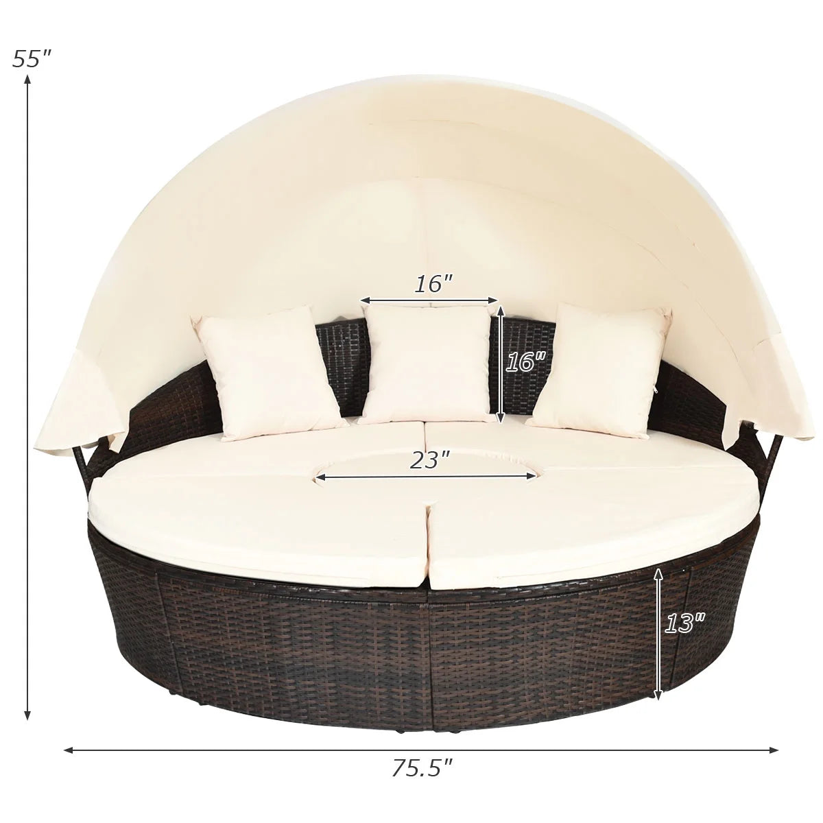 Cushioned Patio Rattan round Daybed W/ Adjustable Table 3 Pillows Canopy