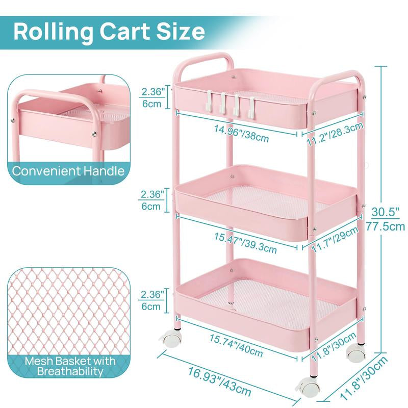 Transparent Stackable Drawer Organizer with Handles for Bathroom Kitchen Pantry under Sink Cabinet Closet Makeup Multifunctional Storage Solution 5-10Kg Capacity, 3-Tier Metal Rolling Cart with Wheels Pink