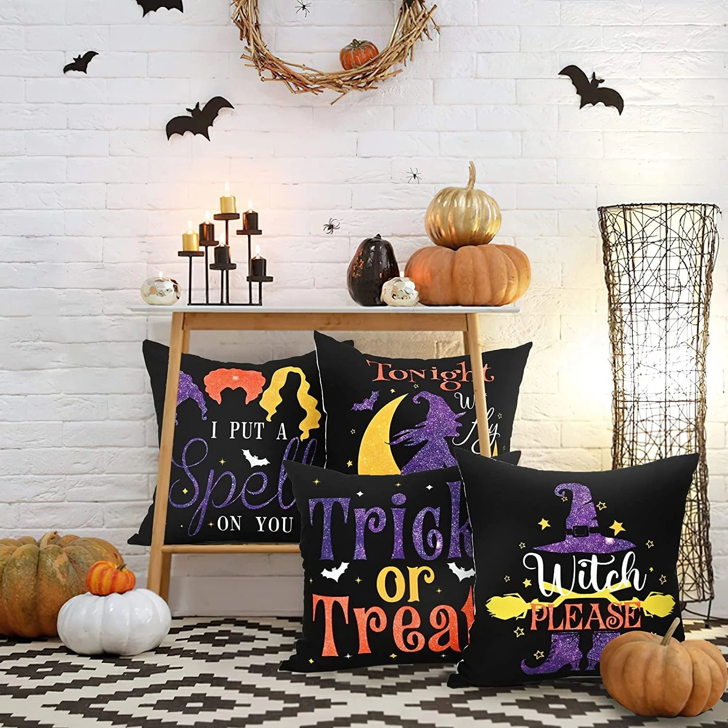Halloween Pillow Covers 18 X 18 Inch, Trick or Treat Decorative Throw Pillow Covers Set of 4,Black