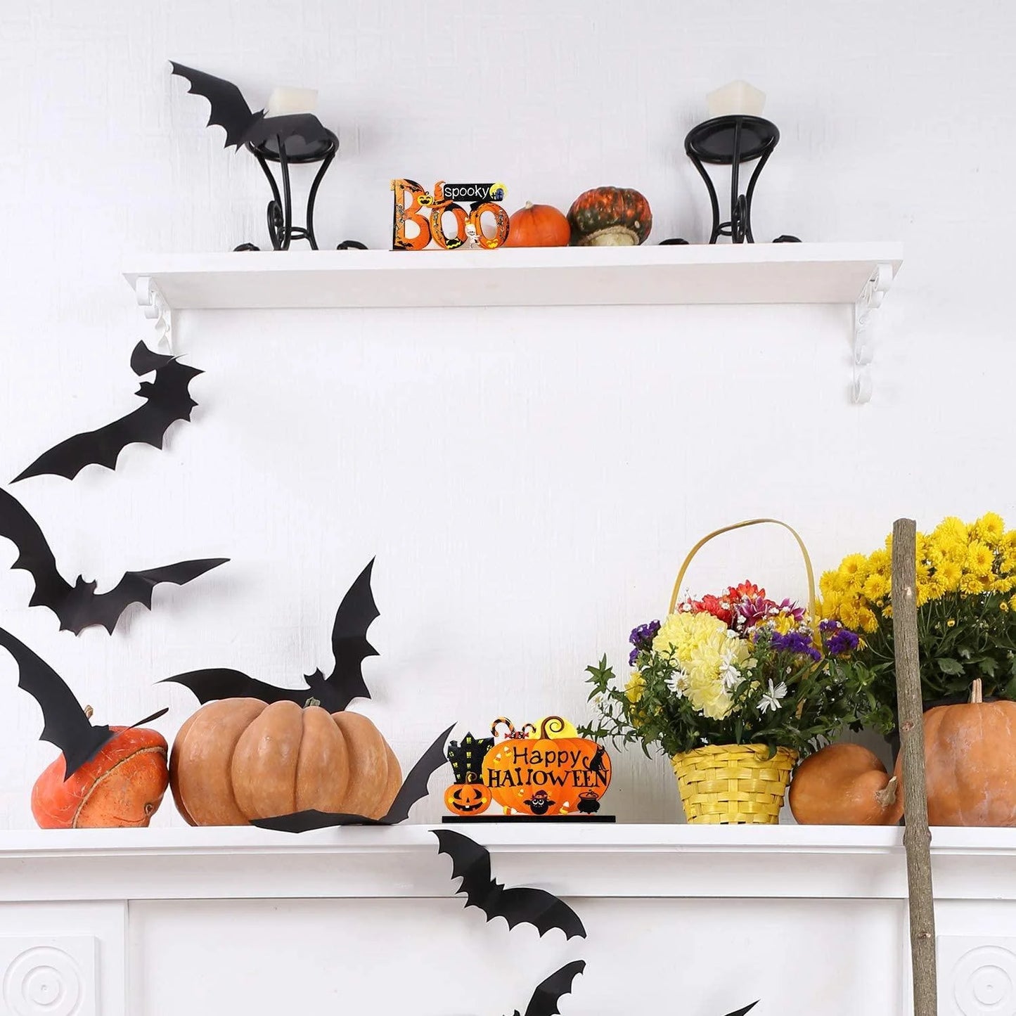 3Pcs Halloween Centerpieces for Tables Happy Indoor Table Decorations Pumpkin Table Centerpieces Wooden Boo Trick or Treat Sign for Halloween Party Indoor Tier Tray Room