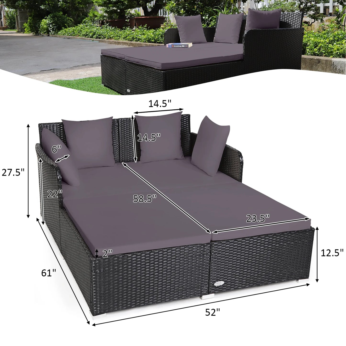 Patio Rattan Daybed with 4 Pillows Cushioned Sofa for Outdoor Grey