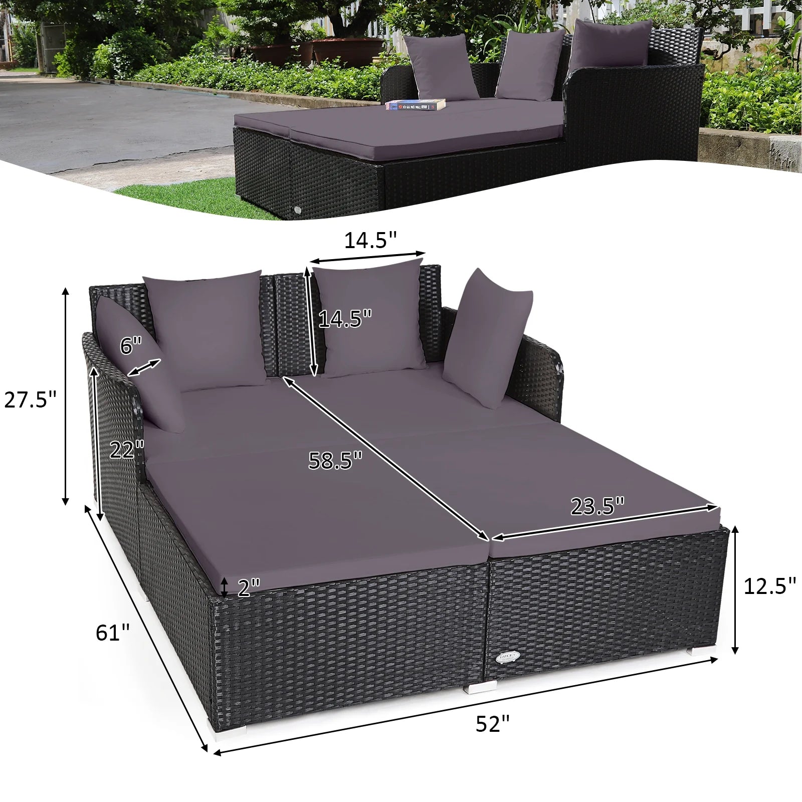 Patio Rattan Daybed with 4 Pillows Cushioned Sofa for Outdoor Grey