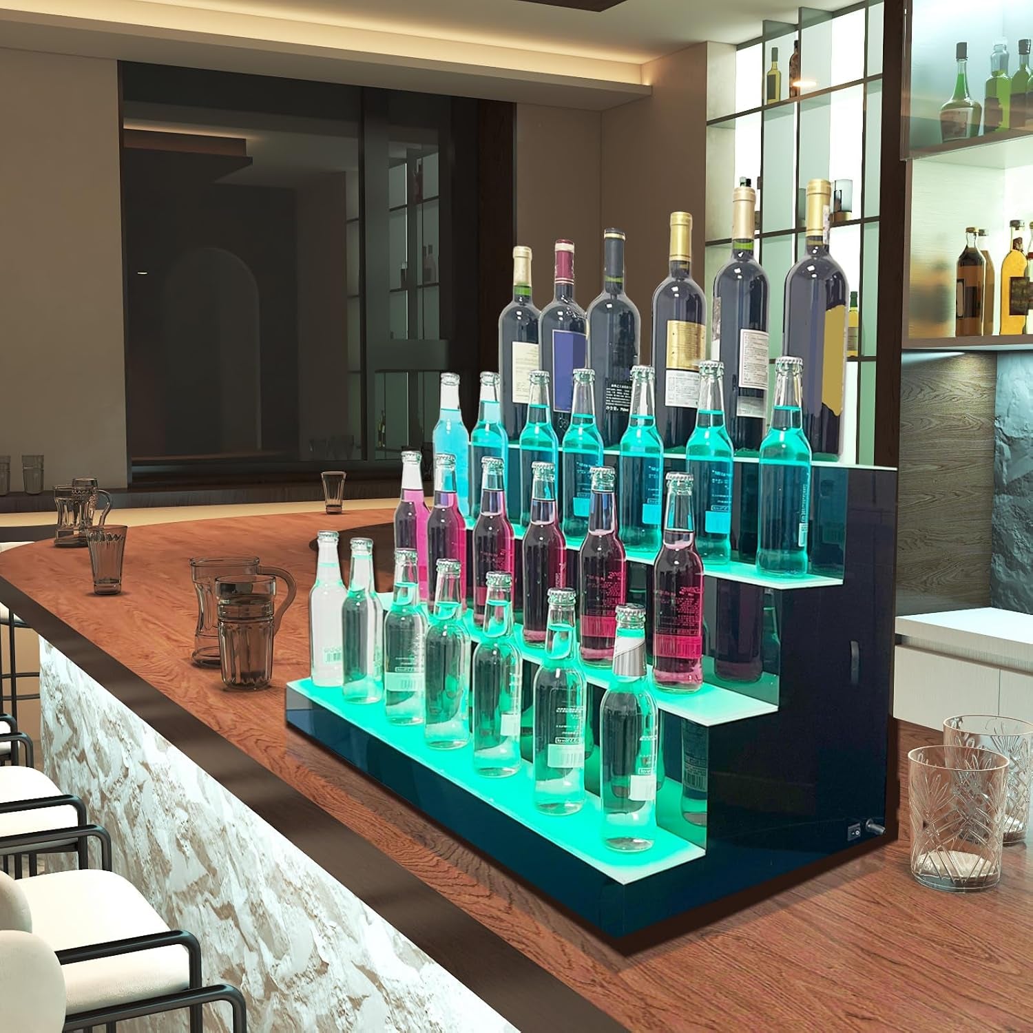 31 Inch 4 Step LED Lighted Liquor Bottle Display Illuminated Liquor Bottle Bar Display Stand LED Display Shelf 4 Tier Home Commercial Bar Drinks Lighting Shelves with Remote Control