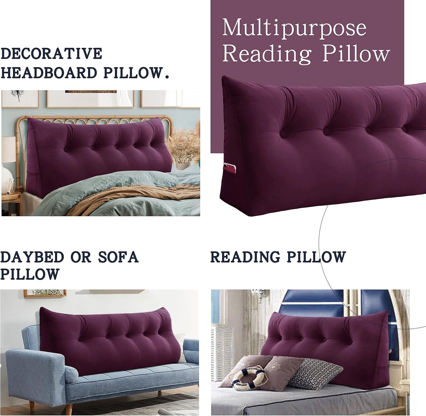 Large Headboard Pillow Wedge Bed Rest Reading Pillow Daybed Pillows Triangular Headboard Wedge Pillows Bolster Gap Filler Triangle Back Cushion Long Wedge Pillow Velvet Red Wine Queen