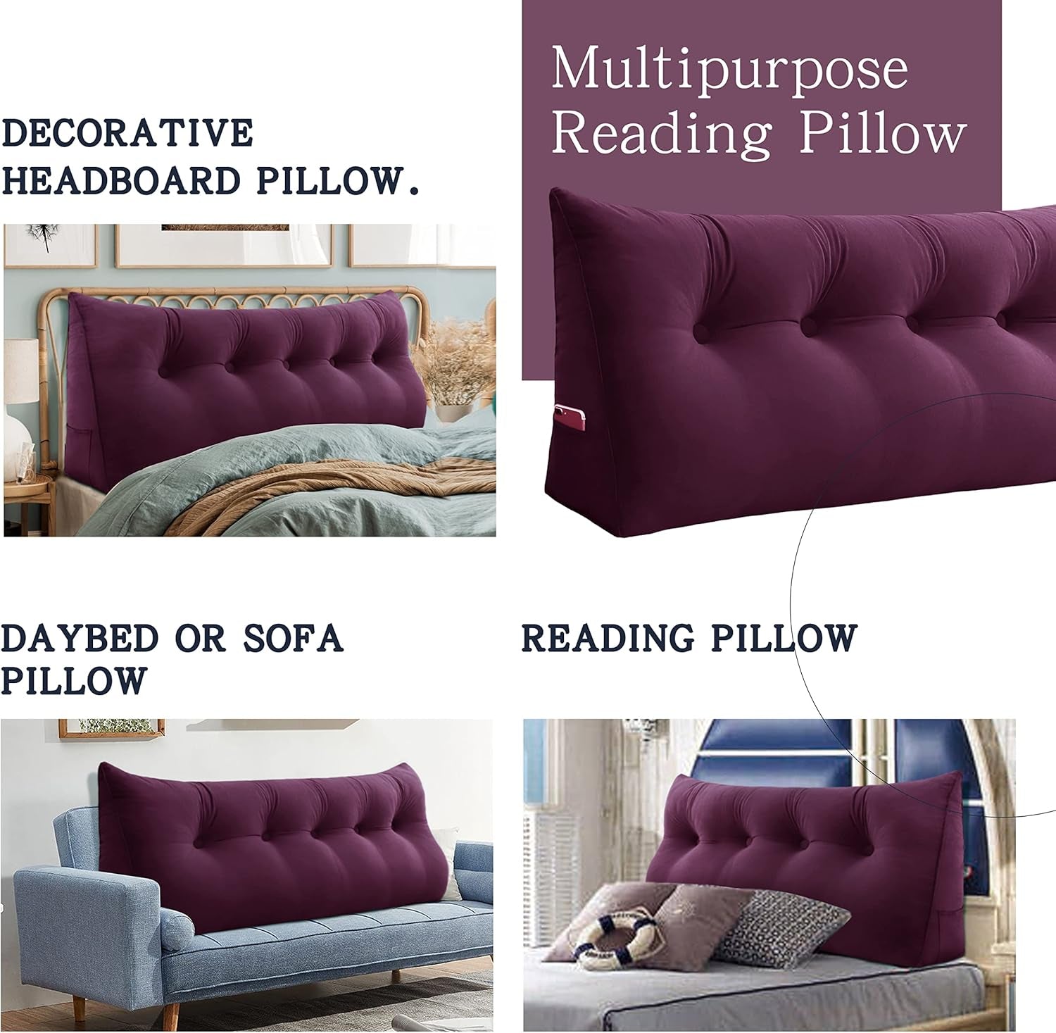 Large Headboard Pillow Wedge Bed Rest Reading Pillow Daybed Pillows Triangular Headboard Wedge Pillows Bolster Gap Filler Triangle Back Cushion Long Wedge Pillow Velvet Red Wine Queen