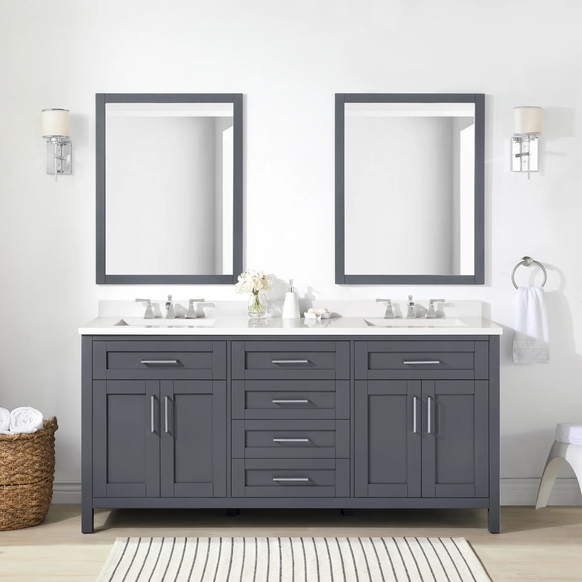 Dark Charcoal Bathroom Vanity with Engineered Marble Countertop and Framed Wall Mirrors 