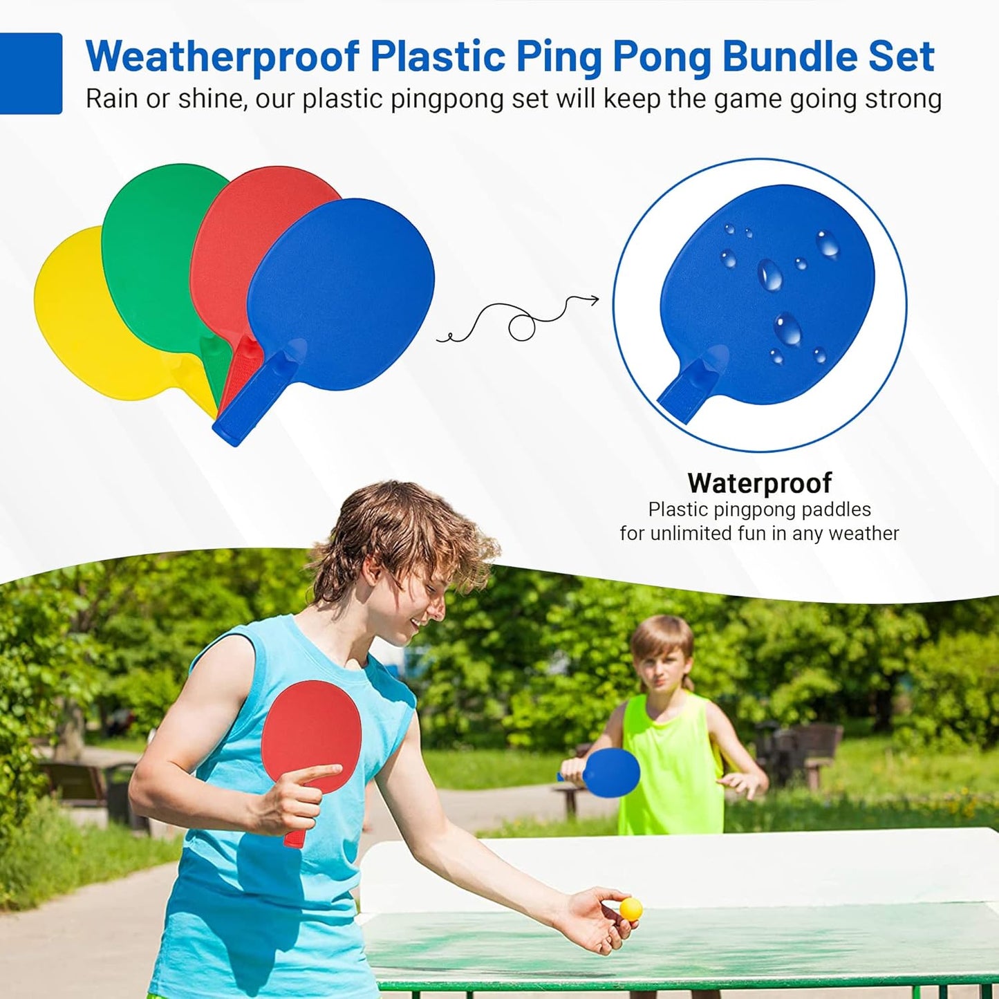 Plastic Portable Ping Pong Paddles Set of 4 Table Tennis Paddles with Retractable Ping Pong Net - 2 Ping Pong Balls with 1 Birdie. Perfect for Office, Lawn, and Beach Games for Adults and Families.