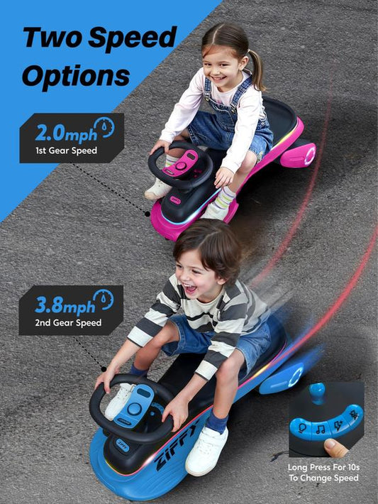 ZIFFY 6V 5.5A Electric Wiggle Car with Pedal, Light-Up, Rechargeable Battery, 2-In-1 Swing Car, 2 Speed Ride-On Toy, Anti-Rollover, Flashing Wheels, for Ages 3+ (Up to 170 Lbs),Blue&Pink Tiktokshopbacktoschool