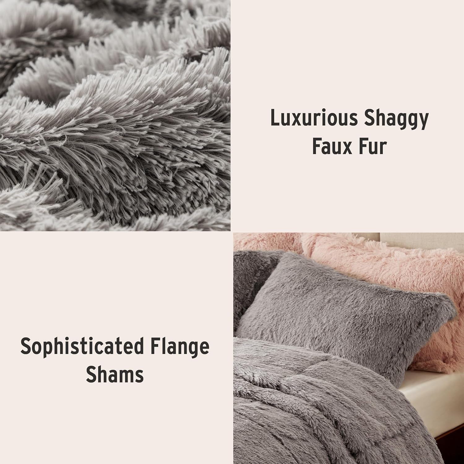 Soft Shaggy Comforter Set, Long Faux Fur Cozy down Alternative, Modern Casual Ultra Soft All Season Fluffy Bedding with Matching Sham, King/Cal King, Grey 3 Piece